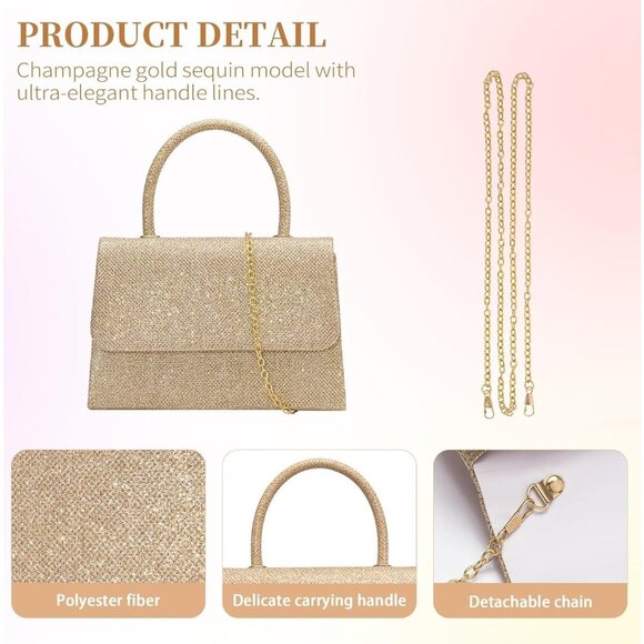🆕Women's Champagne Glitter Top Handle Evening Purse w/ Chain, Party Prom Date - Picture 6 of 7